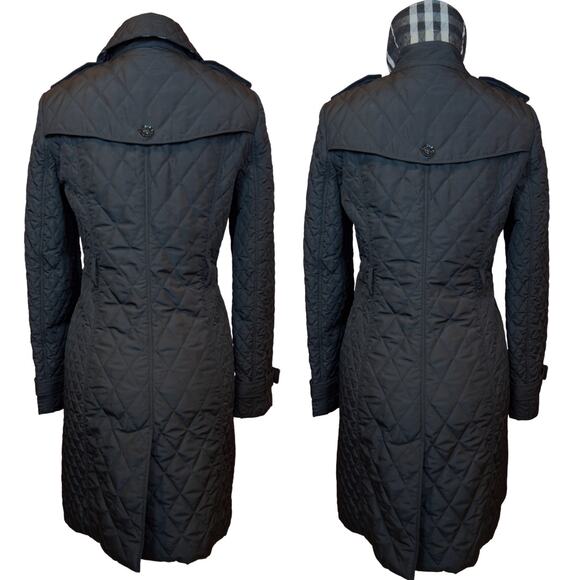 Burberry Coat Black Parka Long Diamond Quilted Puffer Jacket Nova Check US 8 - Picture 4 of 12